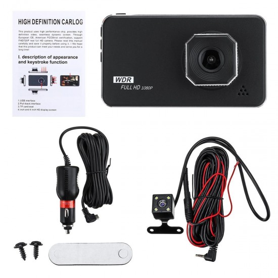 4 Inch HD 1080P Dual Lens Car DVR Vehicle Dash Cam Video Camera Recorder