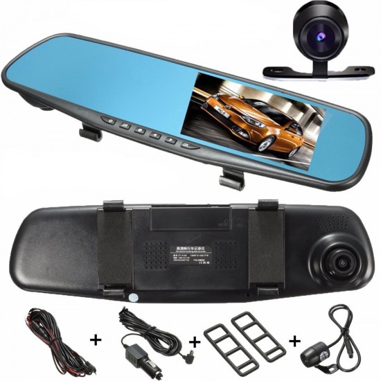 HD 4.3 Inch Dual Lens Recorder Mirror Vehicle DVR Dash Cam Car Rear View Camera