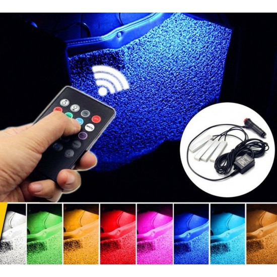 4PCS RGB LED Car Foot Floor Atmosphere Lights Intelligent Sound Control Colorful Decoration Lamp DC12V with Remote Control