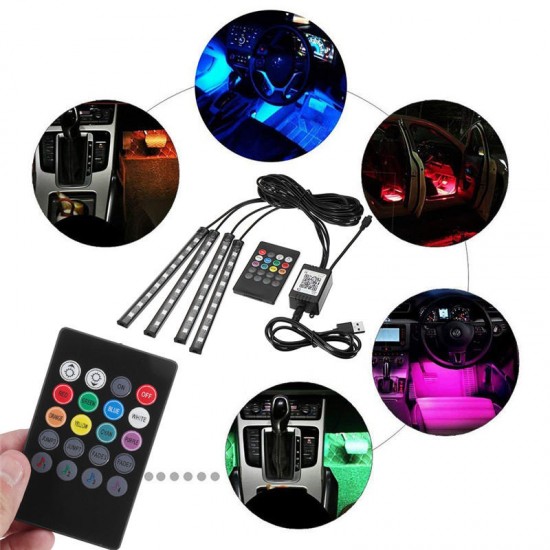 4Pcs 9LED RGB Car Floor Strip Lights Interior Atmosphere USB Charger Decor Lamp