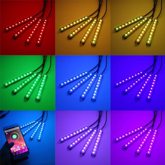 4Pcs LED Car Interior Decoration Lights Floor Atmosphere Light Strip Phone App Control Colorful RGB