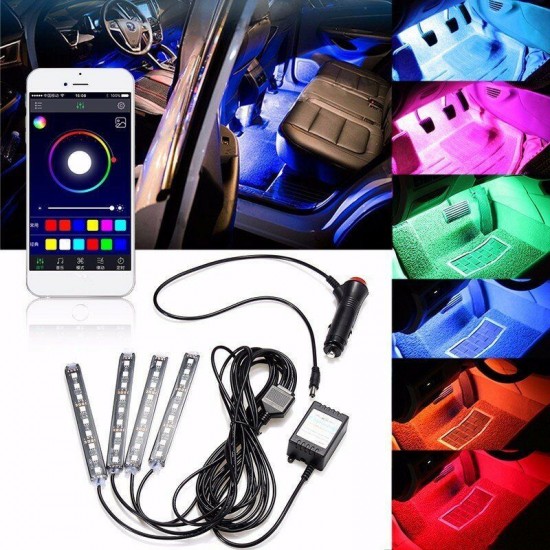 4Pcs LED Car Interior Decoration Lights Floor Atmosphere Light Strip Phone App Control Colorful RGB