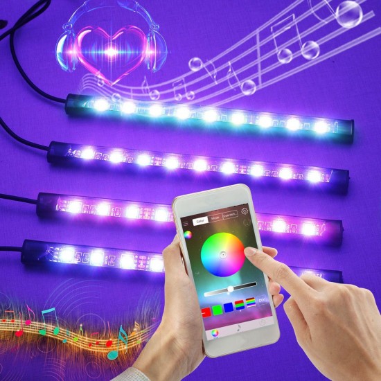 4PCS LED RGB Car Interior Floor Decoration Lights Bars Wireless bluetooth APP Control Atmosphere Lamp Strip with Car Lighter