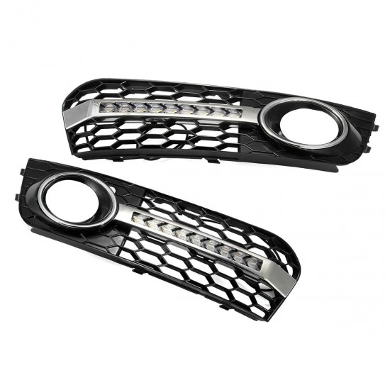Pair Honeycomb Hex Mesh Fog Lights Cover Grille with Flowing LED Turn Signal White DRL Daytime Running For Audi A4 B8 2009-2011 Pair Honeycomb Hex Mesh Fog Lights Cover Grille with Flowing LED Turn Signal White DRL Daytime Running For Audi A4 B8 2009-2011
