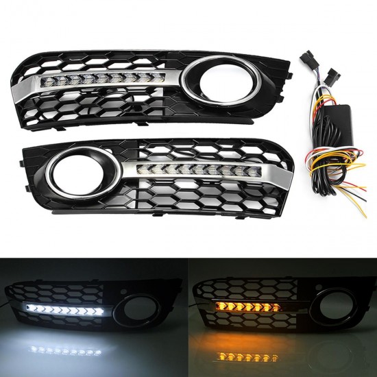 Pair Honeycomb Hex Mesh Fog Lights Cover Grille with Flowing LED Turn Signal White DRL Daytime Running For Audi A4 B8 2009-2011 Pair Honeycomb Hex Mesh Fog Lights Cover Grille with Flowing LED Turn Signal White DRL Daytime Running For Audi A4 B8 2009-2011