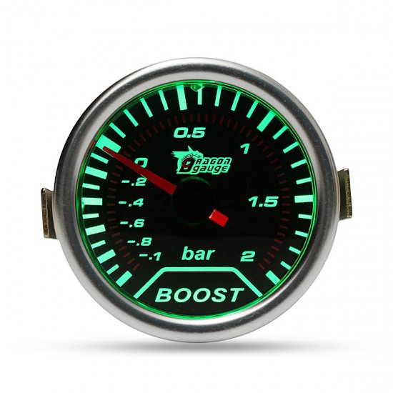 Chrome Ring 52mm 2 Inch Green LED BAR Pressure Boost Gauge Smoked Dial Face Vacuum Pipe