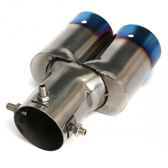 Universal Tip 6cm Inlet & Blue Dual Outlet Stainless Steel Exhaust Muffler