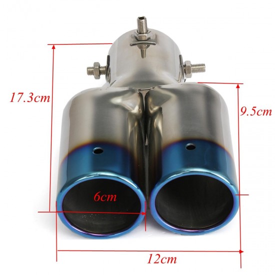 Universal Tip 6cm Inlet & Blue Dual Outlet Stainless Steel Exhaust Muffler