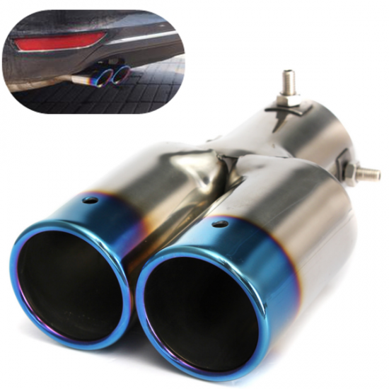 Universal Tip 6cm Inlet & Blue Dual Outlet Stainless Steel Exhaust Muffler Universal Tip 6cm Inlet & Blue Dual Outlet Stainless Steel Exhaust Muffler