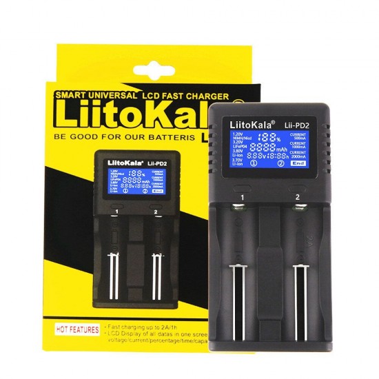 Lii-PD2 LCD Battery Charger for 18650 26650 21700 2-slot Lithium Battery+ 12V Car Socket Power Supply Charger Cable Male Plug