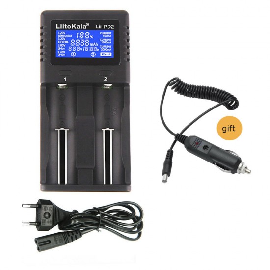 Lii-PD2 LCD Battery Charger for 18650 26650 21700 2-slot Lithium Battery+ 12V Car Socket Power Supply Charger Cable Male Plug