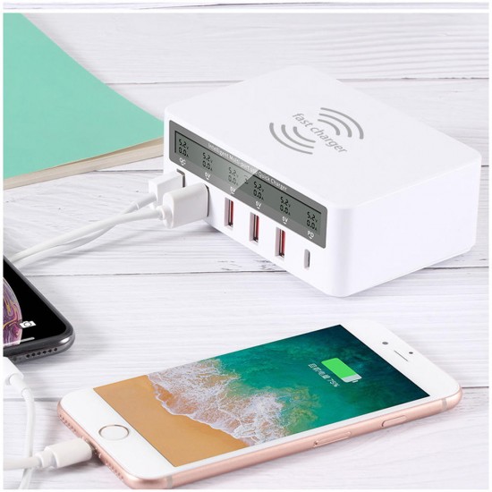 100W 6-Port USB PD Charger PD3.0 QC3.0 LED Digital Display Desktop Charging Station With 10W Wireless Charger EU Plug US Plug UK Plug AU Plug