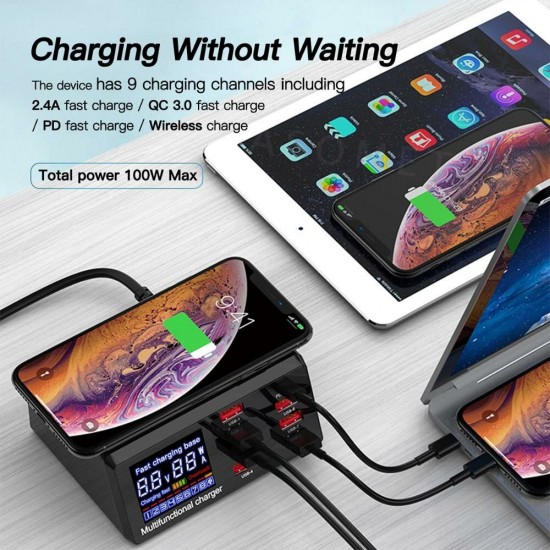 100W 8-Port USB PD Charger PD3.0 QC3.0 Desktop Charging Station Smart Charger 10W Wireless Charger Charging Pad For iPhone 11 SE 2020 Huawei Xiaomi