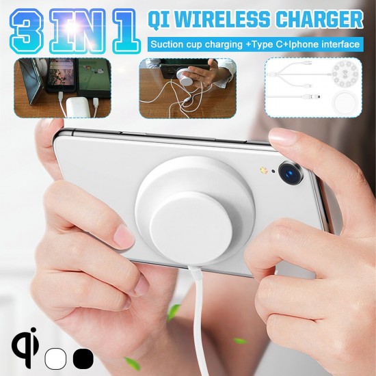 3-in-1 Wireless Charger Qi Phone Suction Cup Type-c Lightning Cable Fast Charging For iPhone XS 11Pro MI10 S20+