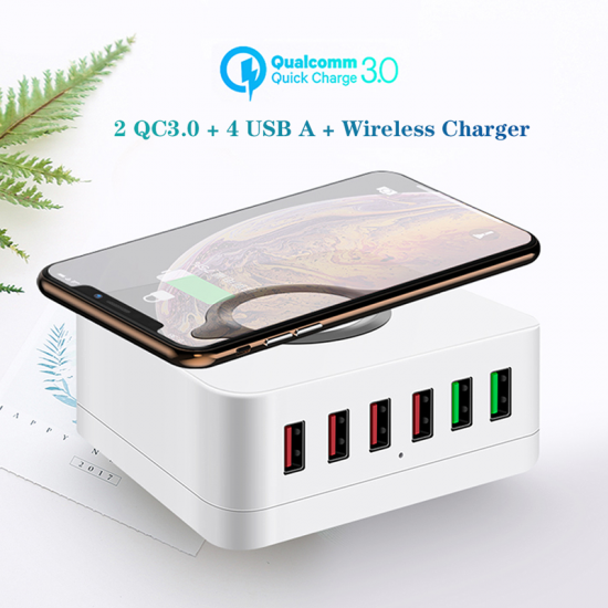 6-Port USB Charger QC3.0 Quick Charge Desktop Charging Station 10W Wireless Charger For iPhone Samsung Huawei