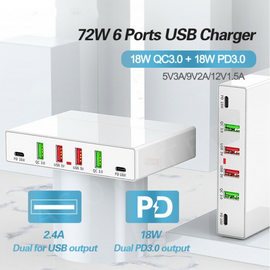 72W 6 Ports QC3.0 PD3.0 USB Charger Dual 2 PD Ports Adapter Hub Charger for iPhone 12 Pro Max POCO X3 NFC for Samsung Galaxy Note S20 ultra for Mi 10