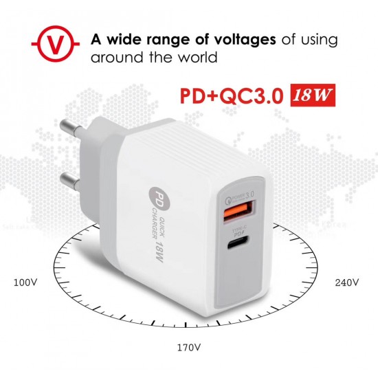 USB Charger QC3.0 PD18W Fast Charging For iPhone XS 11Pro Huawei P30 P40 Pro Mi10 S20+ Note 20