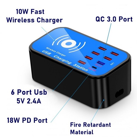75W 8-Port USB Charger Desktop Charging Station With 18W USB Q3.0 / 18W USB-C PD / 10W Wireless Charger Fast