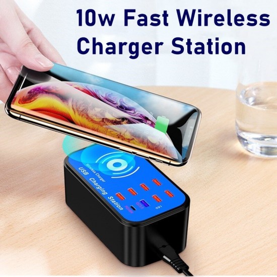 75W 8-Port USB Charger Desktop Charging Station With 18W USB Q3.0 / 18W USB-C PD / 10W Wireless Charger Fast