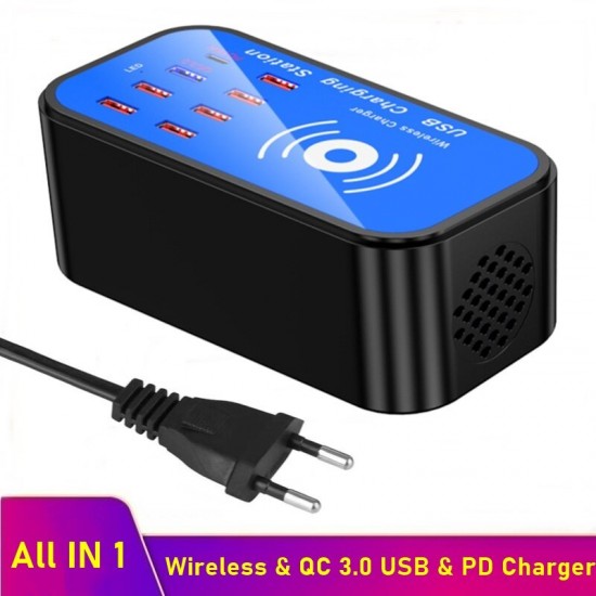 75W 8-Port USB Charger Desktop Charging Station With 18W USB Q3.0 / 18W USB-C PD / 10W Wireless Charger Fast