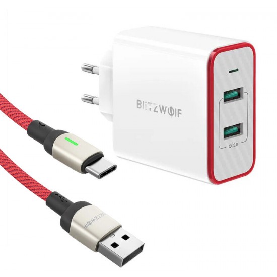 BW-PL3 36W QC3.0 Dual Ports USB Charger EU Adapter with BW-TC21 6.6ft 3A LED Indicator USB Type-C Fast Charging Data Cable