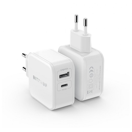 BW-S11 30W Type-C PD/QC3.0+2.4A Dual USB Charger EU Adapter for iPhone X XS for Switch Xiaomi Huawei