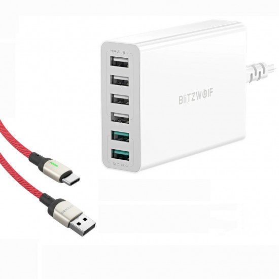 BW-S15 6-Ports Desktop USB Smart Charger AU Adapter with BW-TC21 3A LED Type-C Fast Charging Data Cable