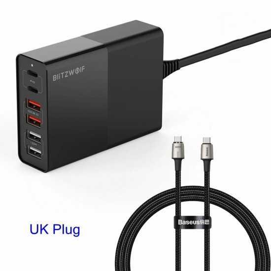 BW-S16 75W 6-Port USB PD Charger Desktop Charging Station Dual PD3.0 QC3.0 With 100W 5A Zinc Magnetic USB-C to USB-C Data Cable Fast Charging UK Plug Adapter For iPhone 11 SE 2020