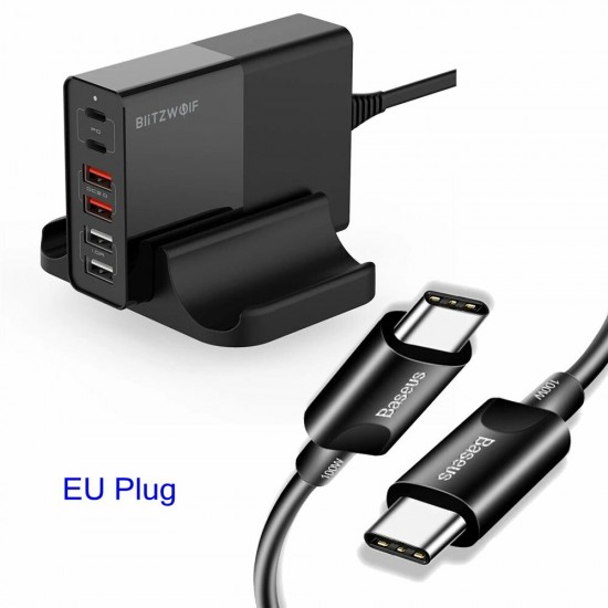 BW-S16 75W 6-Port USB PD Charger Desktop Charging Station Fast Charging EU Plug Adapter With 1.5m/4.92ft 100W 5A PD USB-C to USB-C Cable For iPhone 11 SE 2020 For iPad Pro 2020 MacBook Air 2020 For Samsung Galaxy S20