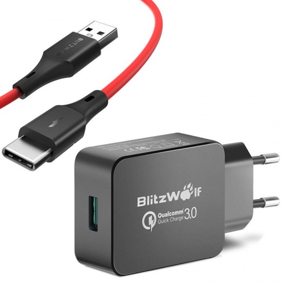 BW-S5 QC3.0 18W USB Charger EU Adapter + BW-TC14 3A USB Type-C Charging Data Cable 3ft/0.91m