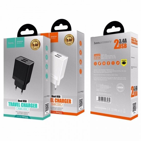 C51A Dual USB EU Plug Wall Smart USB Charger for Samsung Huawei