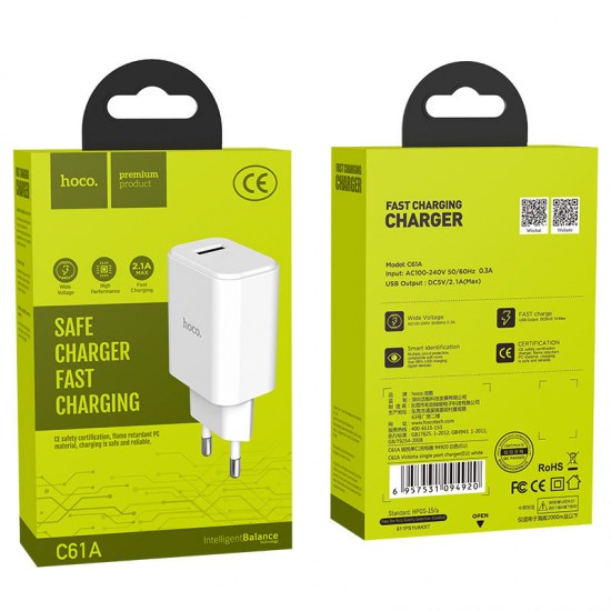 C61A 2.1A EU Plug Smart USB Charger for Samsung for iPhone Huawei