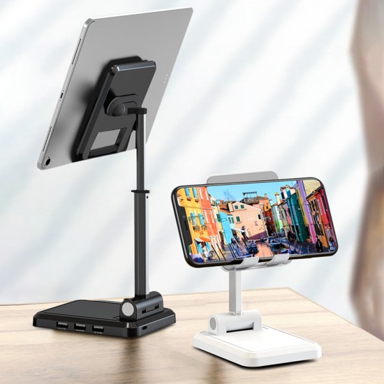 Desktop 3-Port USB Charger Foldable Height Adjustable Phone Holder Tablet Stand For 4.0-12.9 Inch Smart Phone Tablet for iPhone 11 SE 2020 for iPad Pro 12.9 Inch 2020 Online Course Live Stream