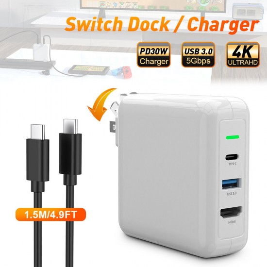 2 In 1 USB C PD Charger + Hub Adapter with 30W Type-C PD + USB 3.0 + 4K HD Display For Smart Phone Laptop For Samsung Galaxy S20 For iPad Pro 2020 For Nintendo Switch
