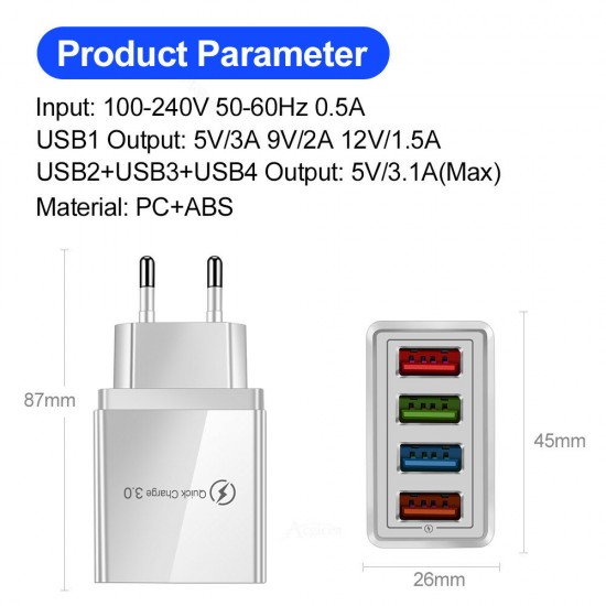 EU/US Plug USB Charger QC3.0 4 Ports for Phone Adapter for iPhone 12 Pro Max for Samsung Galaxy Note S20 ultra for 10 POCO X3 NFC