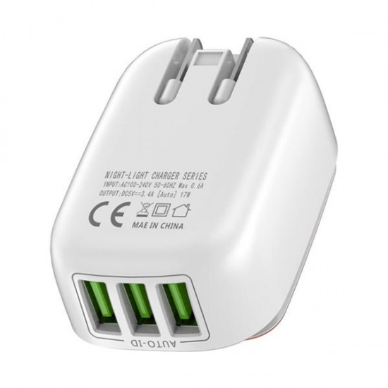 3.4A 3 Ports Auto-ID USB Travel Wall Charger Adapter With Touch LED Lamp US UK AU EU Plug