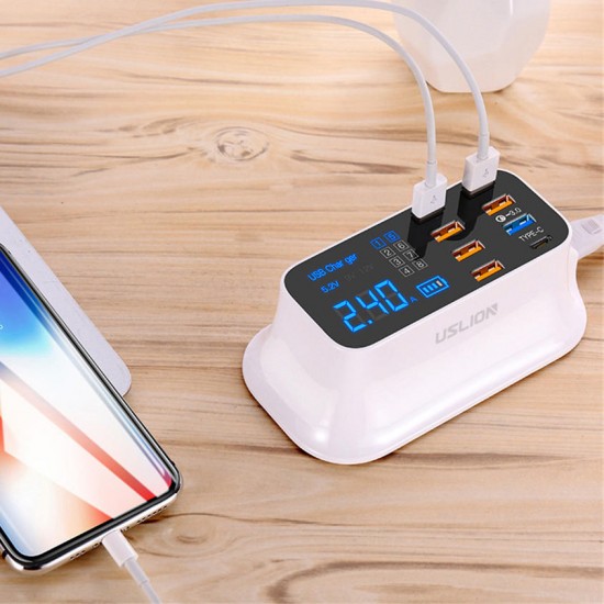 40W 8A QC3.0 LCD Display Voltage & Current Real-Time Monitoring 8-Port EU Plug US Plug USB Charger Docking Station for Tablet for Samsung S10 for iPhone 11 Pro Max