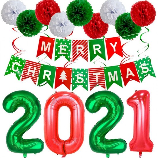Merry Christmas Foil Balloons Banner Paper Pompoms Party Decoration Set Merry Christmas Foil Balloons Banner Paper Pompoms Party Decoration Set