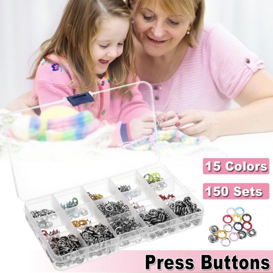 150 Sets 15 Colors of Hollow Five Claws of Box Set Total Buttons Metal Sewing Press Studs Snap Fastener DIY Clothes Craft 9.5mm