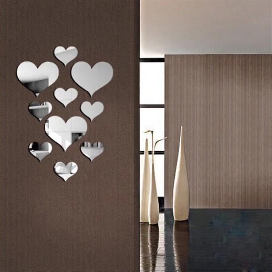 10Pcs 3D Mirror Decals Love Heart Art Mural Wall Sticker DIY Home Room Decor