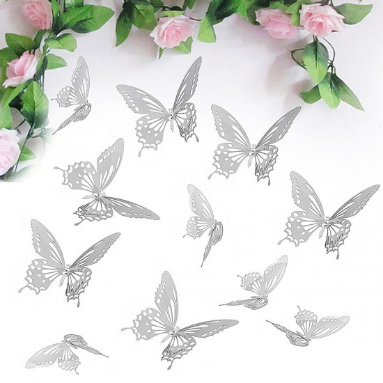 10Pcs 3D Stainless Butterfly Wall Stickers Silver Mirror Decals Mural Home Decorations