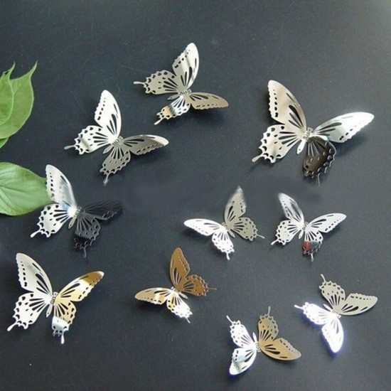 10Pcs 3D Stainless Butterfly Wall Stickers Silver Mirror Decals Mural Home Decorations