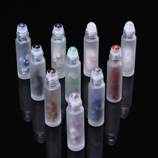 10Pcs Frosted Glass Crystals Essential Oil Gemstone Roller Ball Chip Inside Bottle 10ml