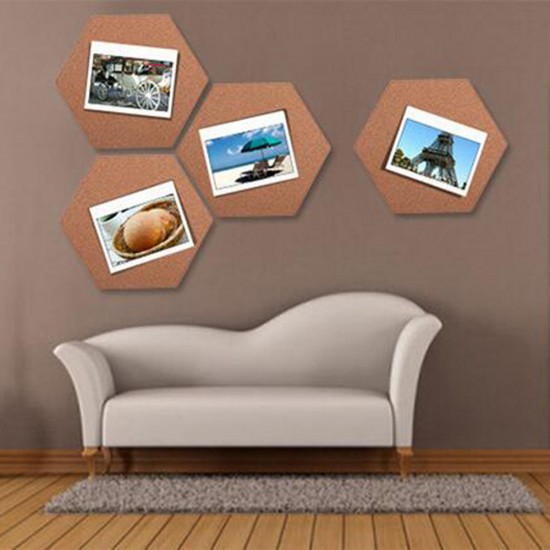 10Pcs/Set Soft Hexagon Board Cork Tiles Wood Sheet Notice Board Wall Bulletin Boards Photo Frame w/ Full Sticky Back for Pictures Photos Notes