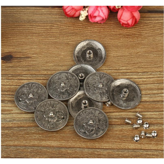 10Set DIY Leather Handbag Wallet Decoration with Antique Round Buttons and Sliver Rivets Hole Flower