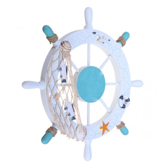 11'' Beach Wooden Boat Ship Steering Wheel Nautical Beach Fish Net Shell Decorations