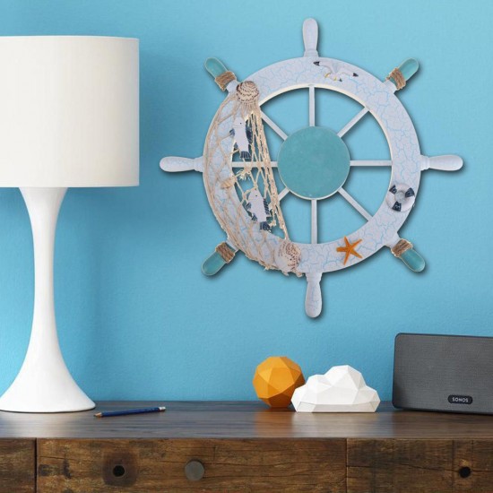 11'' Beach Wooden Boat Ship Steering Wheel Nautical Beach Fish Net Shell Decorations
