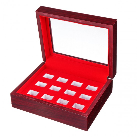 12 Holes Wooden Box For Championship Ring Collection Display Red Black