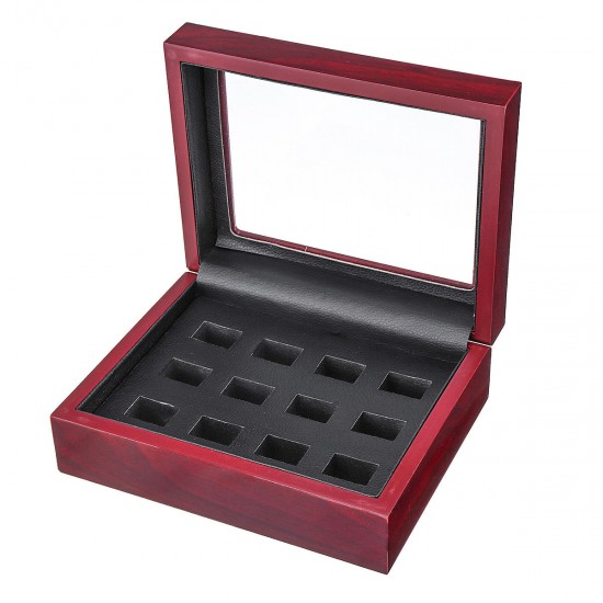 12 Holes Wooden Box For Championship Ring Collection Display Red Black