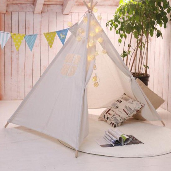 120x120x150cm White Canvas Kids Teepee Children Home Game Toy Play Tent Cubby